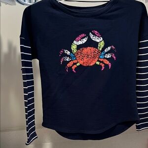 crown & ivy Navy Sweater with Colorful Crab and Striped Sleeves